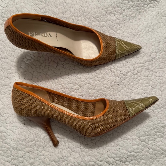 Prada Shoe Textile Green Crocodile Toe Cap Patent Leather Trim - Picture 11 of 16